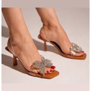 ZARA Embellished Bow Heels NWT – Vinyl Sandals with Rhinestone Detail, SZ 8 & 10